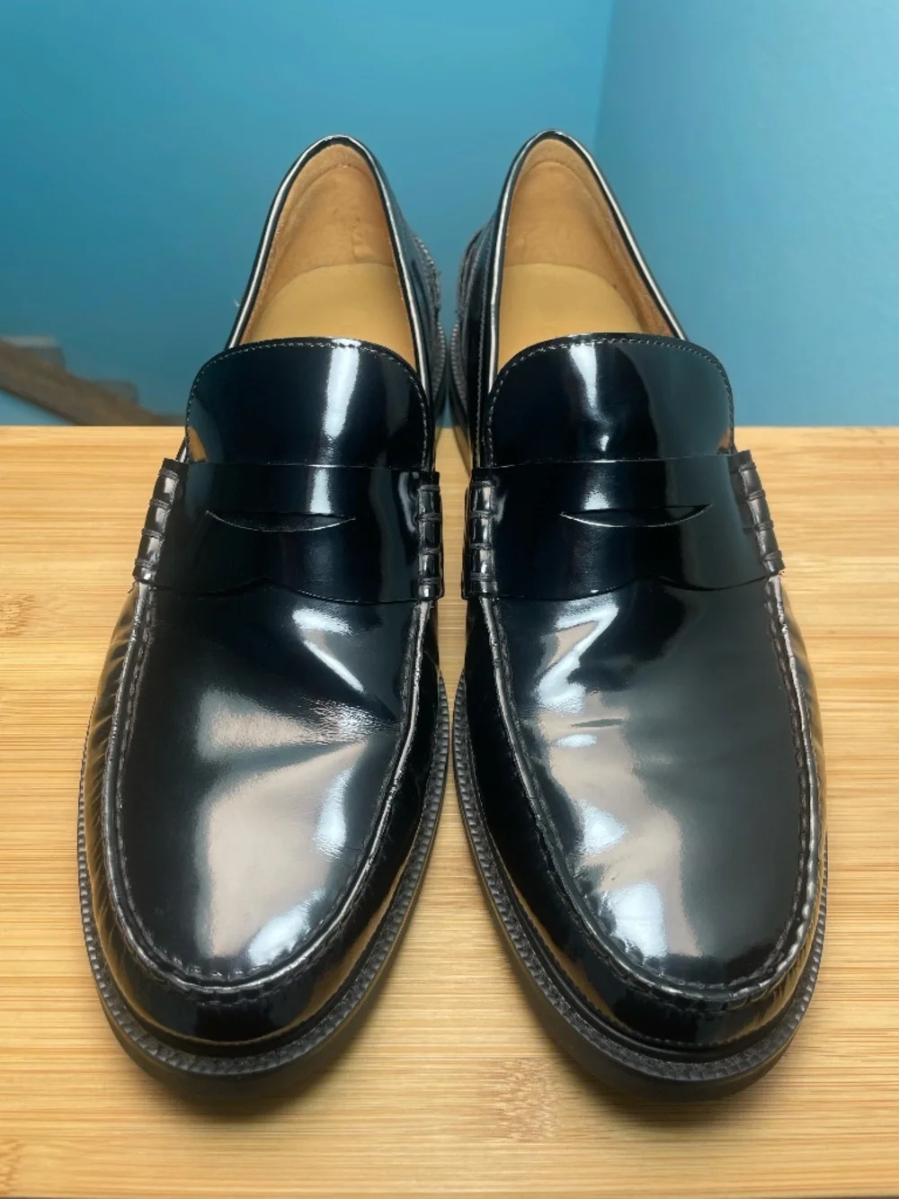 Cole Haan Mens Pinch Prep Penny Loafers Sz 10.5 Patent Leather Black Moc Toe EUC